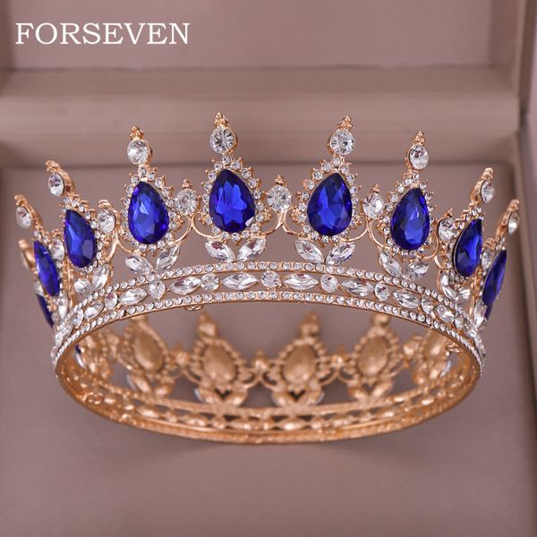 

blue crystal crown tiara bridal hair accessories rhinestone crystal round crown headband for women queen diadem king crown, Golden;white