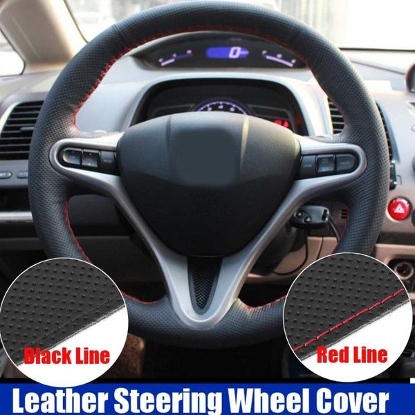 

black/red steering wheel cover genuine leather diy soft for for civic 2005-2011 8th 8 models interior accessory
