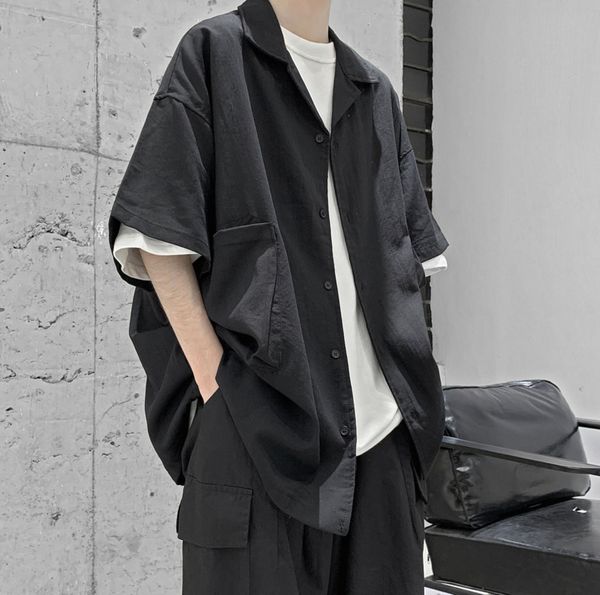 

2020 summer new youth popular loose solid color big pocket five-point sleeve shirt fashion casual wild shirt jacket -2xl, White;black