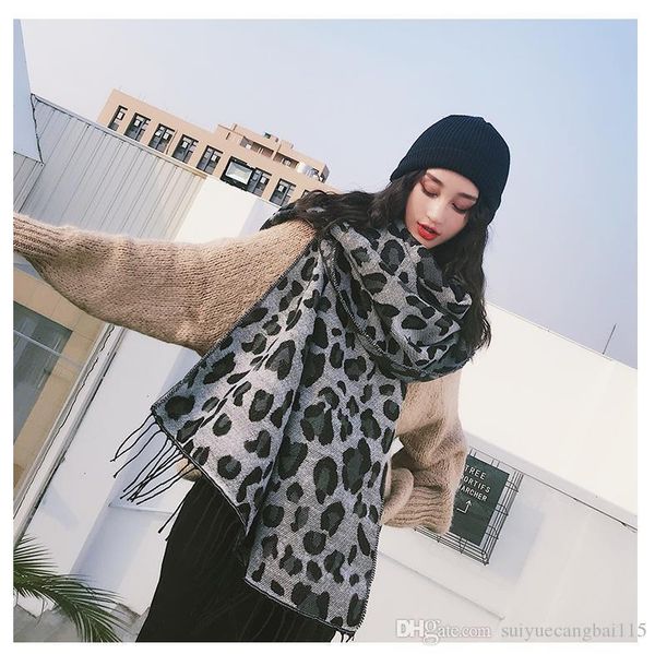 

winter designer knitted double-sided leopard scarf warm thick air conditioning shawl high-grade imitation cashmere fashion wild tassel, Blue;gray