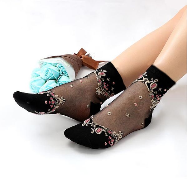 

женщины короткие носки sheer сетки стеклянные шелковые носки дамы прозрачный кристалл кружево упругие лодыжки черные носки, Black;white
