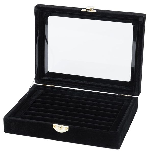 

velvet glass ring earring jewelry display organizer box tray holder storage case, black, Pink;blue
