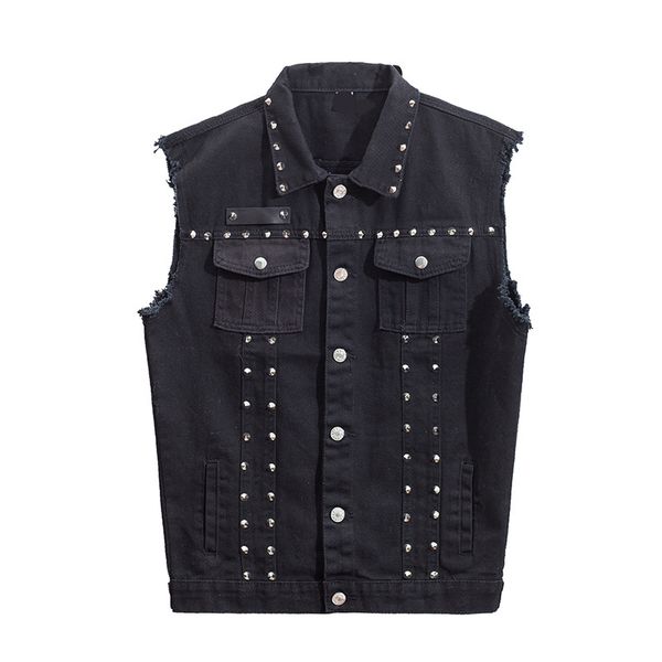 

denim vest men's punk rock style rivet cowboy black jeans waistcoat raw edge male motorcycle jacket sleeveless tanks plus size 5xl, Black;white