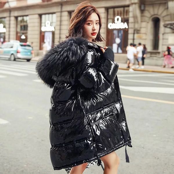 

women's down & parkas patent leather glossy winter white duck jacket women large real raccoon fur collar hooded long parka 2021 coats, Black
