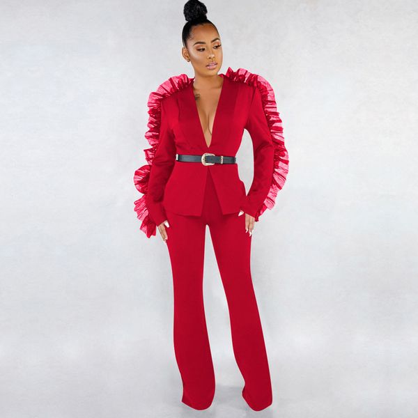 

women two piece sets autumn office lady mesh long sleeve causal blazer coats wide legs pants suits plus size red outfits, White