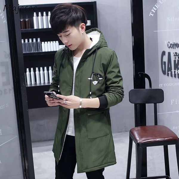 

parkas men zipper hooded thicker plus velvet warm pockets leisure simple all-match korean parka mens soft outerwear, Black