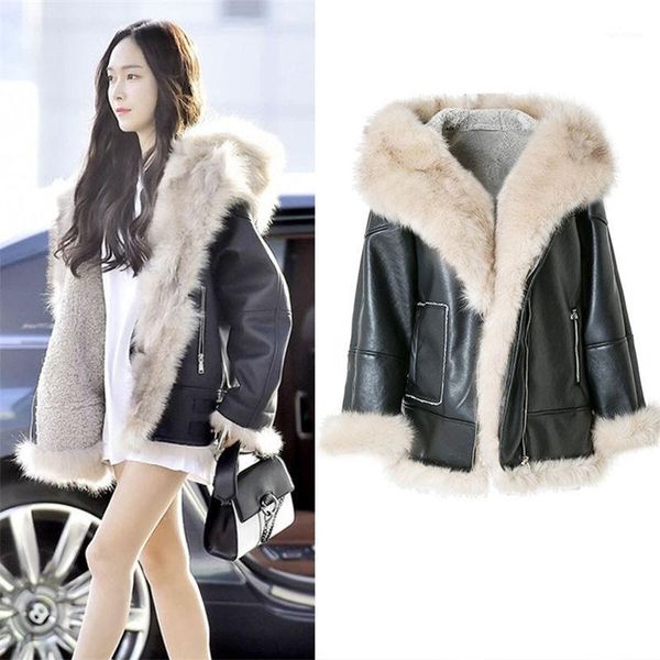 

casual jacket fur one female motorcycle jacket slim fleece warm coats fashion streetwear winter women leather, Black
