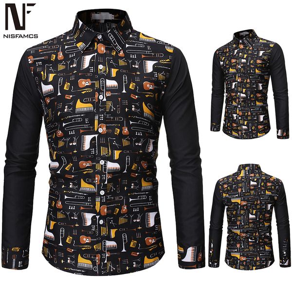 

musical instrument printed shirts autumn new male clothes long sleeve europe size 2xl men young boys club blouse streetwear, White;black