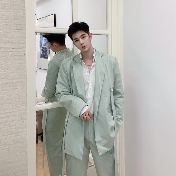 

stage clothes men 2 pieces sets ribbon casual suit jacket pant japan korea style male women fashion show blazer coat trousers, White;black