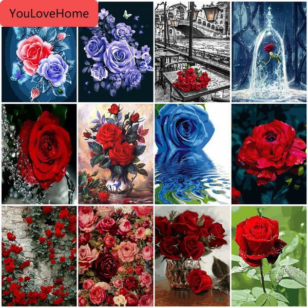 

oil painting rose flower drawing canvas acrylic handpainted pictures by number wall art gift home decor diy picture canvas