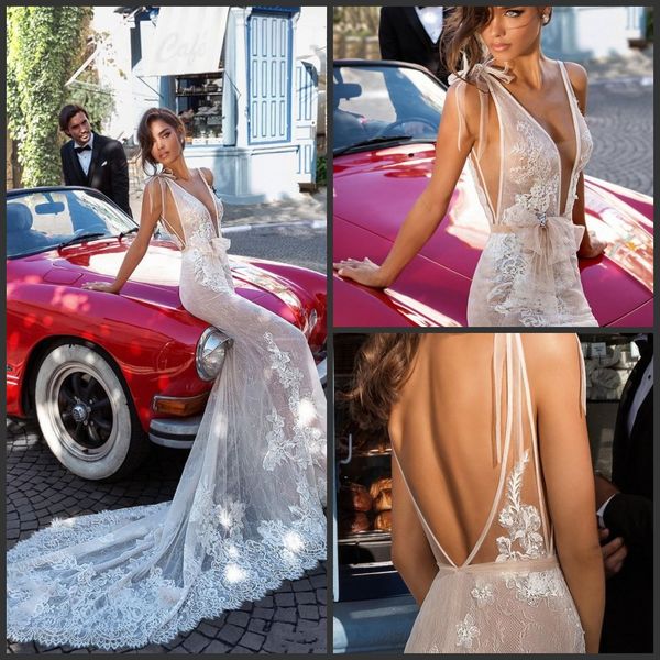 

2019 новый сексуальный elihav sasson русалка свадебные платья с v-образным вырезом без спинки кружева свадебные платья с накидками abiti da, White