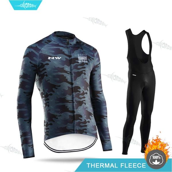 

nw 2020 mtb winter cycling clothing long sleeve jersey set thermal fleece clothes riding wear kit ropa ciclismo, Black;blue