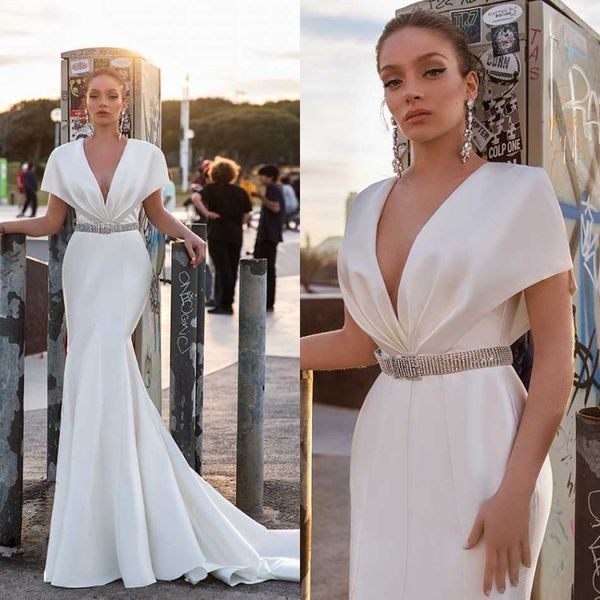 

elegant satin mermaid wedding dress cap sleeves 2020 ruched sweep train wedding gowns custom made vestido de novia, White