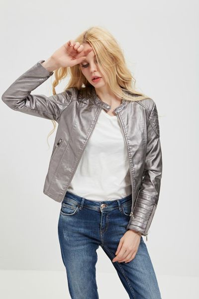 

2018 fashion women's leather jacket locomotive cool zipper solid color casual motorcycle leather, Black