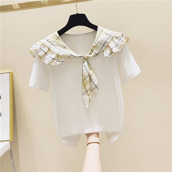 

sailor colalr lace ruffled short sleeve cotton t-shirt for women 2020 summer korean style loose college wind tshirt students top, White