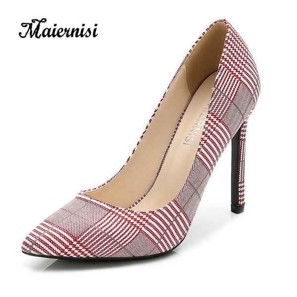 

maiernisi women cotton cloth pumps pointed toe female office shoes elegant plaid graphic big size high heels 11cm, Black