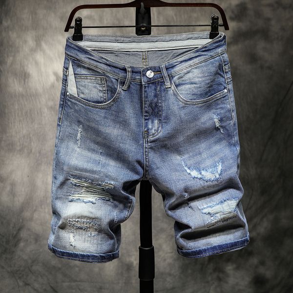 

summer new fashion men's stretch short jeans casual slim fit ripped holes elastic denim shorts jeans brand male clothes blue