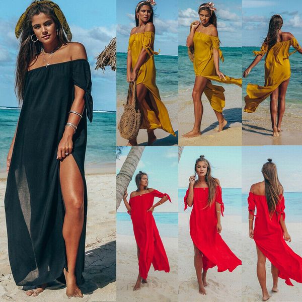

2019 new womens maxi summer beach long dress off shoulder evening cocktail party skirt, Blue;gray