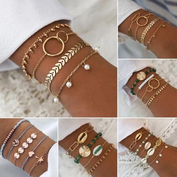 

5/4 pcs/set lady fashion bracelets pearl leaf shell heart map gold bracelet beach retro party jewelry gift accessories, Black