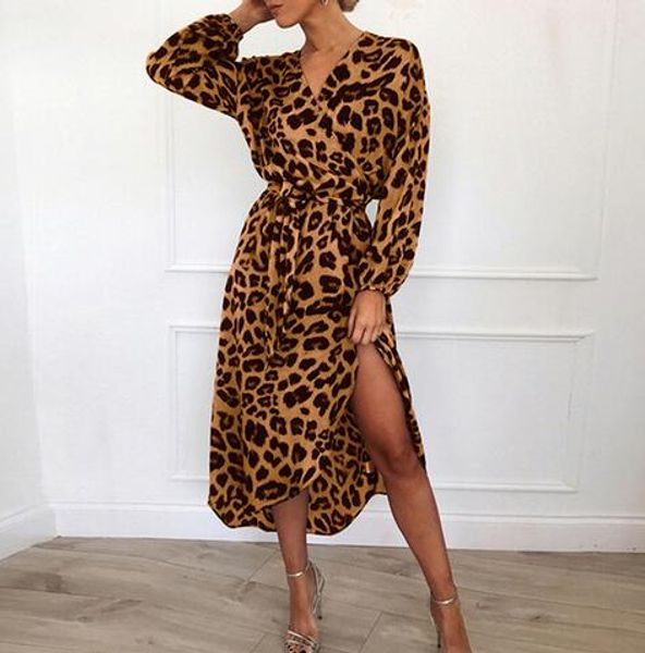 

leopard dress 2019 women chiffon long beach dress loose long sleeve deep v-neck a-line party dress vestidos de fiesta, Black;gray