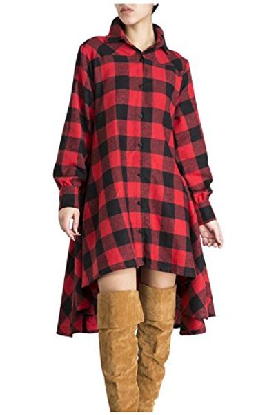 

aifer womens long sleeve plaids irregular hem loose casual shirt dress, Black;gray