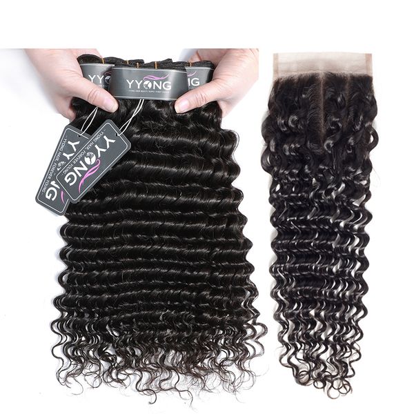 

7a бразильская человеческих волос ткет закрытие необработанные бразильский девы волос deep wave 3 связки с 4x4 lace closure наращивание воло, Black