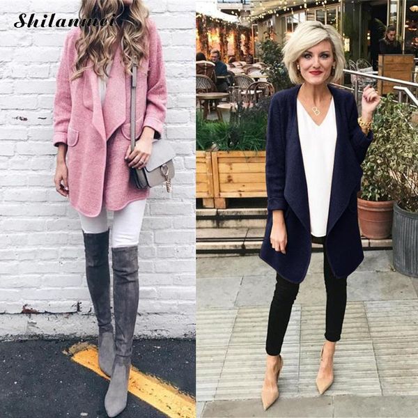 

autumn office lady elegant long wool blends fashion women open front stitch overcoats 2019 slim femme pink winter jacket outwear, Black