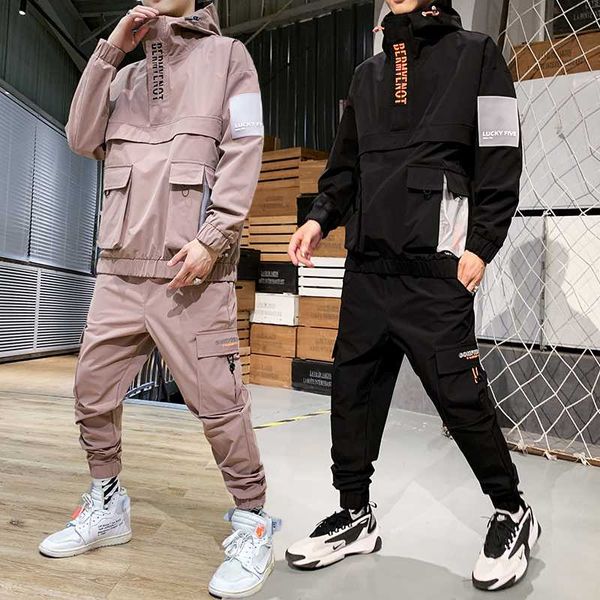 

youth tooling style jacket men's hooded jacket+pants 2pc sets 2020 new fashion baseball loose pullover coat & long pants mens, Gray