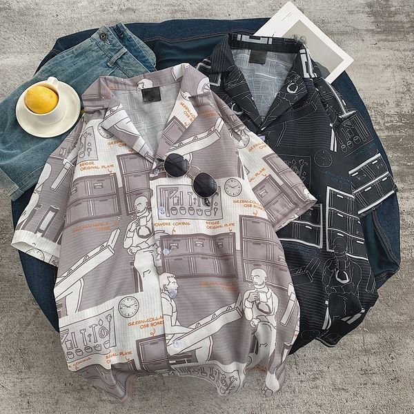 

2019 spring and summer new fashion trend korean version of the loose couple cotton hip hop graffiti hawaiian shirt -xl discount, White;black
