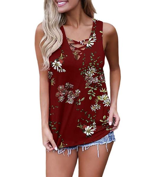 

Floral Printed V-Neck Designer Vest Women Summer Tshirts Cool Sleeveless Sexy Tops Women Wear Outside Fashion Female Clothes Vest