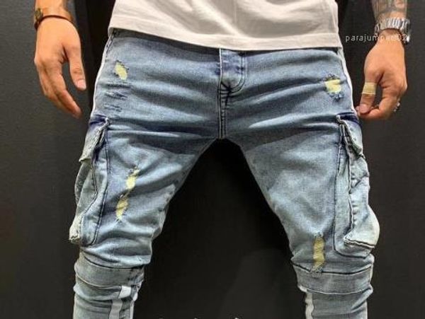 

pocket patchwork hole zipper fitness mens pants trend style cotton trousers clothing mens cargo pants fashion, Black