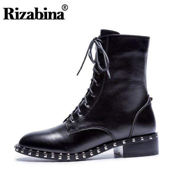 

rizabina flats boots women genuine leather lace up warm winter shoes women add fur fashion rivets zipper footwear size 33-40, Black