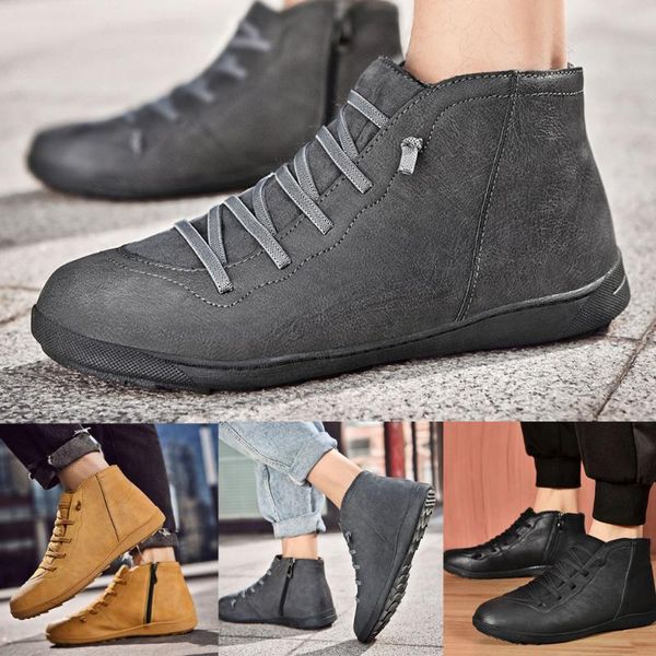 

men's boots casual fashion flat leather lace up boots side zip round toe warm winter botas de hombre, Black