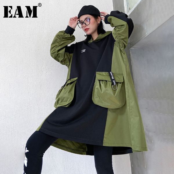 

eam] pocket contrast color loose fit sweatshirt new hooded long sleeve women big size fashion tide autumn winter 2019 1m641, Black