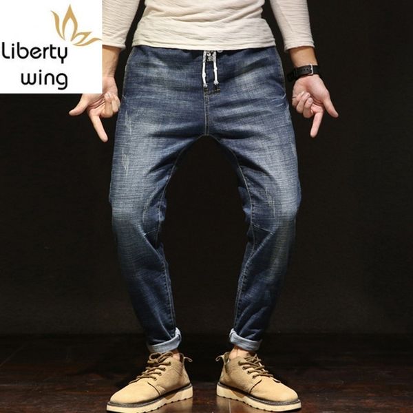 

fashion stretchy men straight dark blue color mens hole ripped jeans new male pockets casual pants loose plus size 28-42