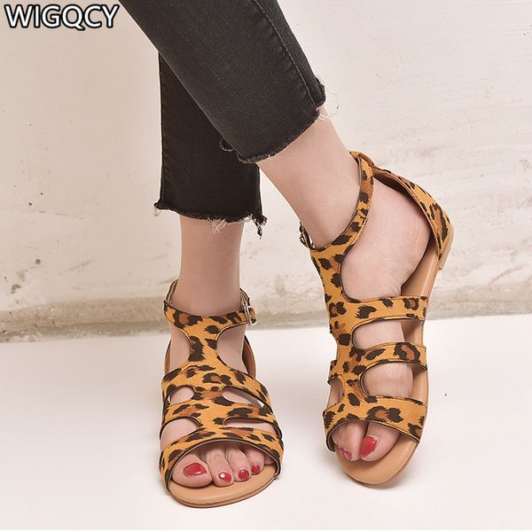 

2020 new women sandals leopard print summer shoes open toe buckle strap flat with sandals women's summer shoes d1016, Black