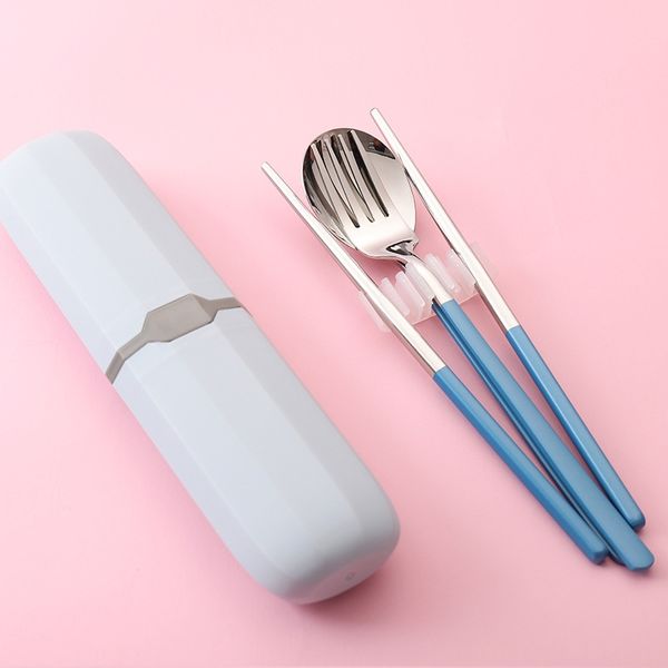 

1set portable stainless steel cutlery suit with storage box chopstick fork spoon knife travel tableware set dinnerware sets