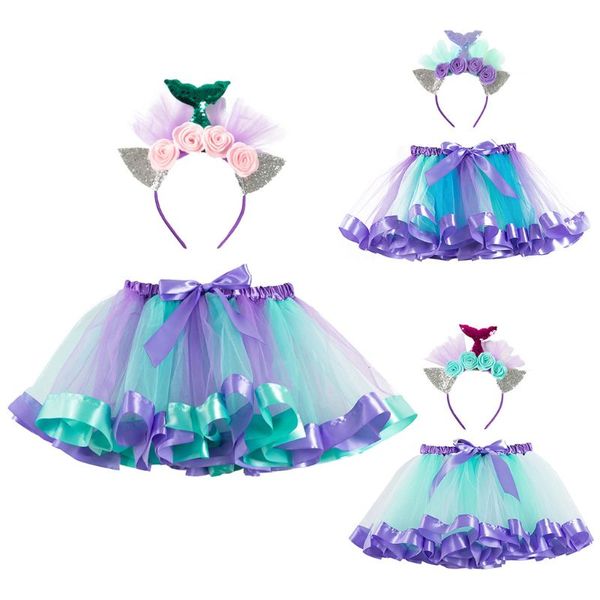 

Kids Girls Ballet Dance Party Layered Tutu Skirt with Fish Tail Cat Ear Headband