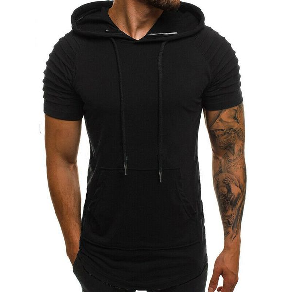 

men's fitness short sleeve pockets breathable hoodie gym muscle running solid casual pullover sweatshirt hoodie sportswear, Black