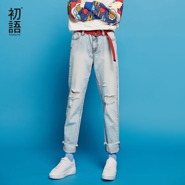 

toyouth jeans 2017 spring new women jean pants light blue casual bleached hole straight loose denim jeans trousers