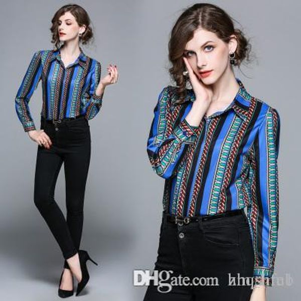 

women's shirt casual hepburn wind summer fashion shirt print polo collar print slim long sleeve joker long sleeve button shirt e4, White