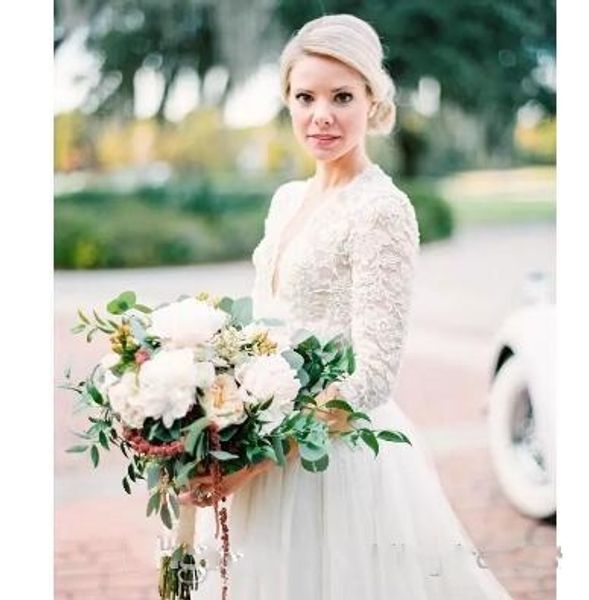 

Modest 3/4 Long Sleeve Tulle Wedding Dresses Open Back Vintage Lace Chapel Train V-Neck Country Garden Bobo Bridal Wedding Gowns