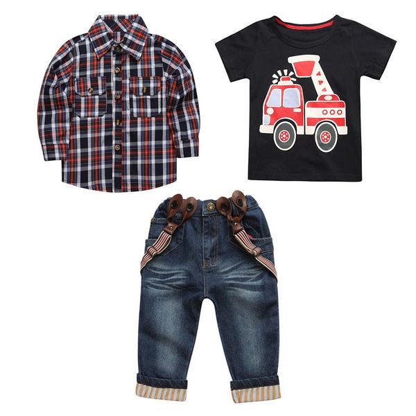 

boys clothes set autumn casual baby boys clothing sets children t-shirt+ plaid shirt+ denim suspender pants suit, White