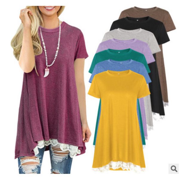 

patchwork lace loose long t shirt basic women tee shirt femme casual short sleeve t-shirt female cotton maternity 8 colors cny1615, Black;gray