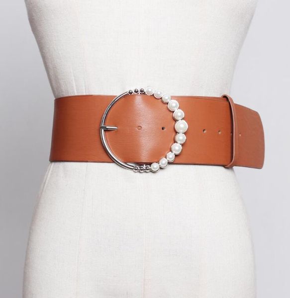 

women's runway fashion pearl buckle pu leather cummerbunds female dress coat corsets waistband belts decoration wide belt r1796, Black;brown