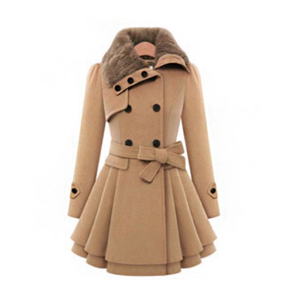 

fur collar winter coat women woolen blends coats heigh quality double-breasted warm overcoat belt women's long trench coat, Tan;black