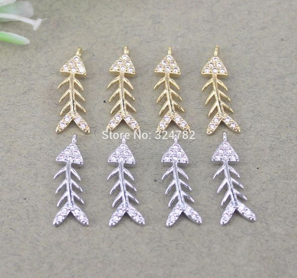 

10pcs metal micro pave cz fish bone shape charms for jewelry making, Bronze;silver