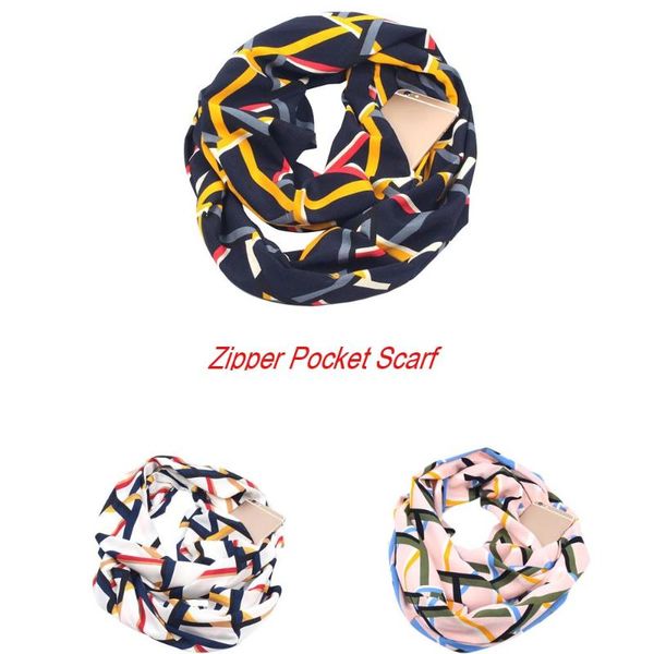 

2020 autumn winter new women geometric convertible infinity scarf pocket loop zipper pocket scarves fashion scarf for women #o29, Blue;gray