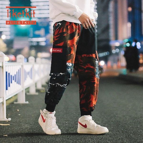 

liketkit mens hip hop cargo pants 2020 color block camo harem pants streetwear male camouflage patchwork japanese sweatpants 5xl, Black