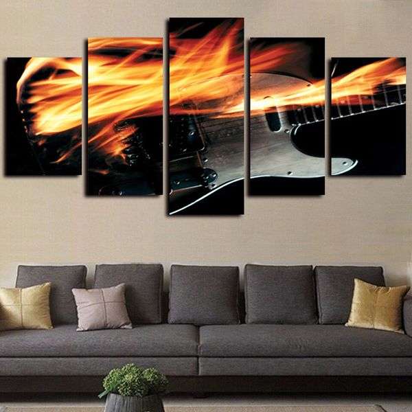 

5 panels electric guitar flames artwork giclee canvas print modern abstract pictures paintings on canvas wall art for home decor